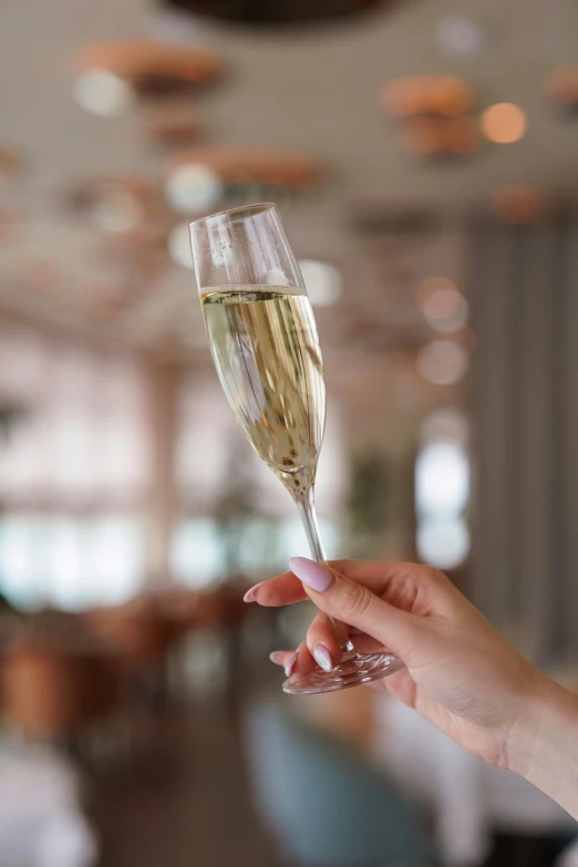 the woman holds the wine glass for the guests