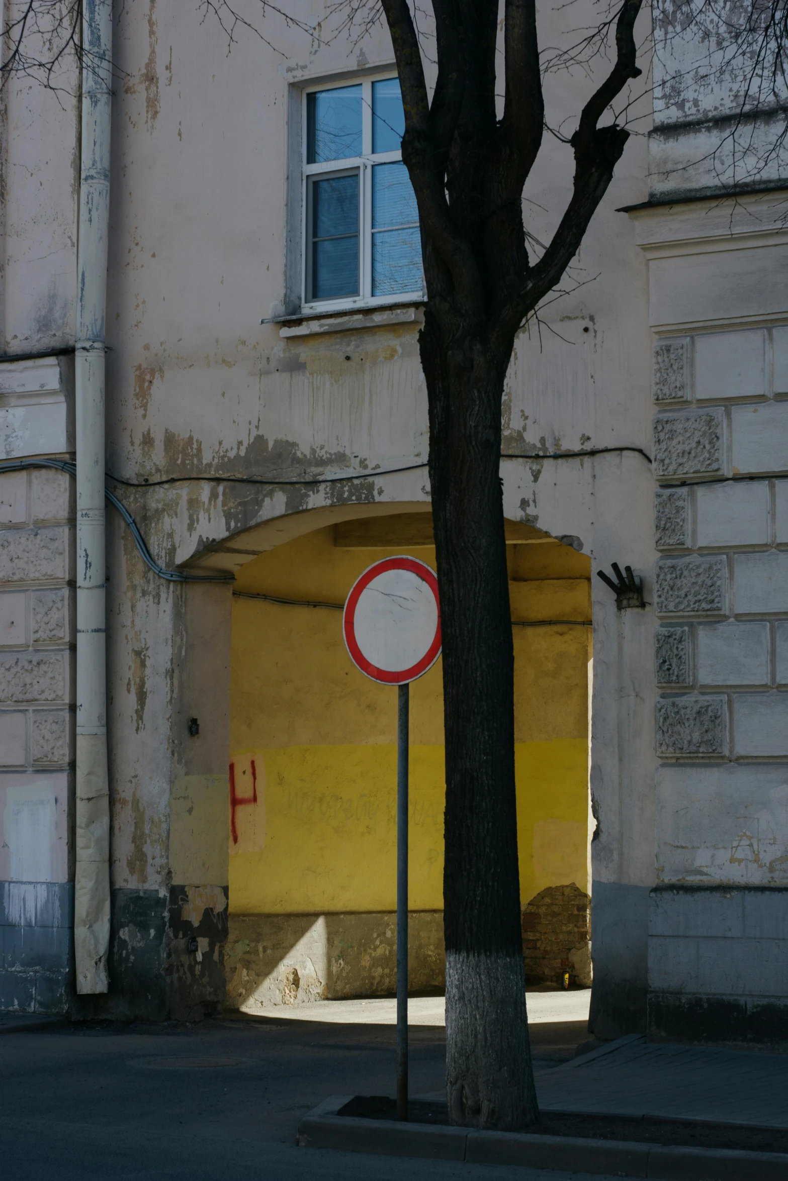 a tree next to a brick building with a sign in front of it