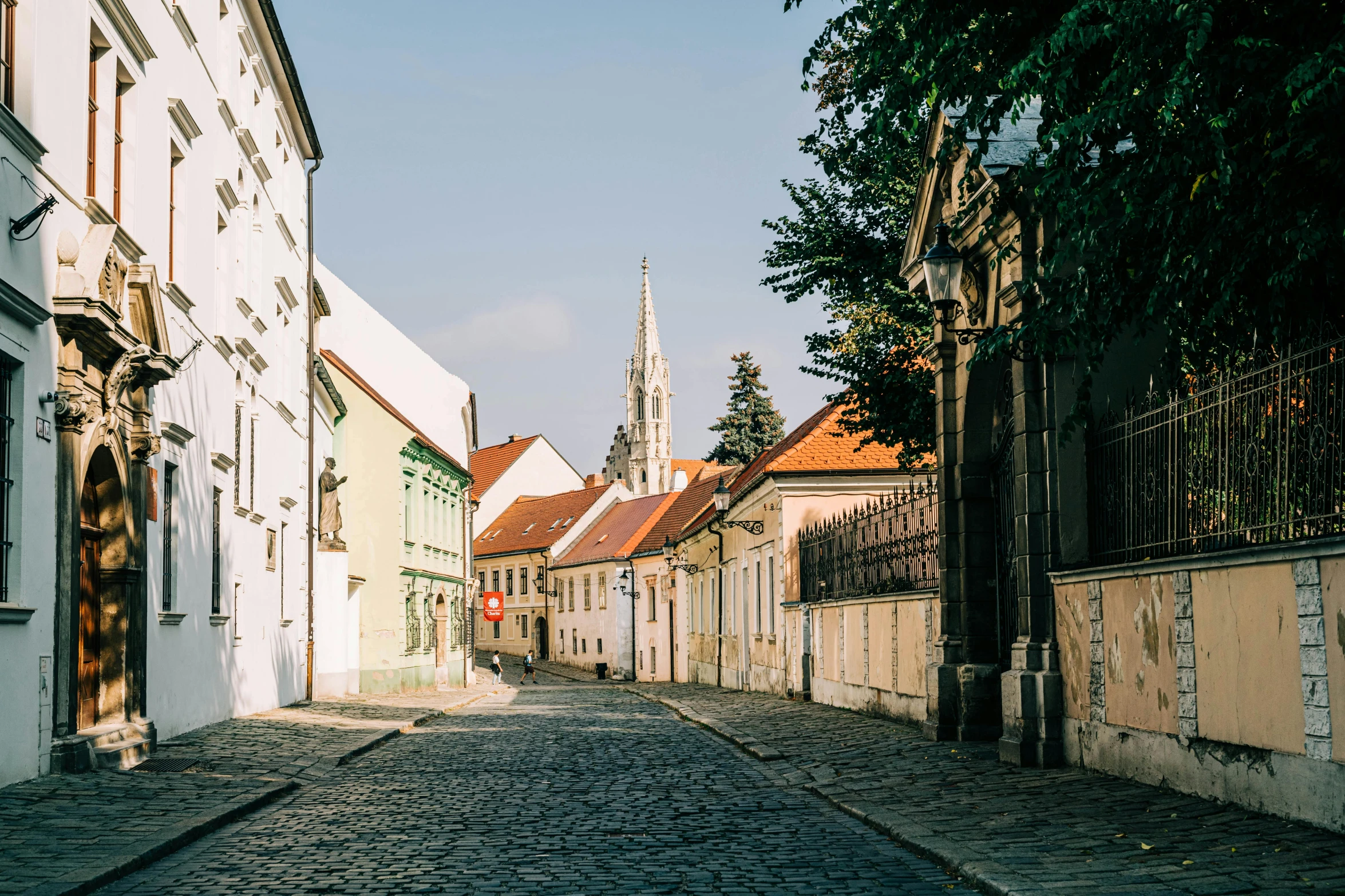 a narrow stone street with buildings lining it