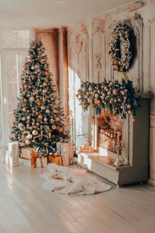 decorated christmas trees are near a fireplace in an old - fashioned room