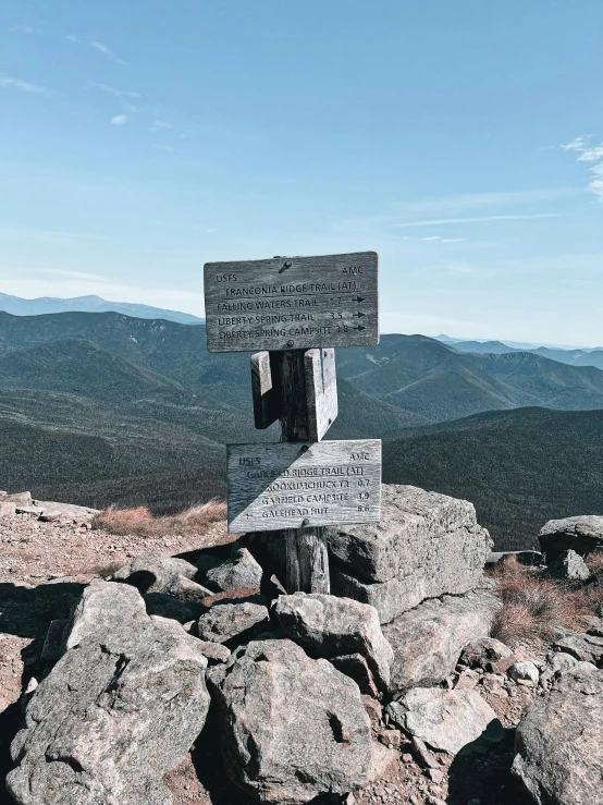 a pile of rocks with a signpost at the top