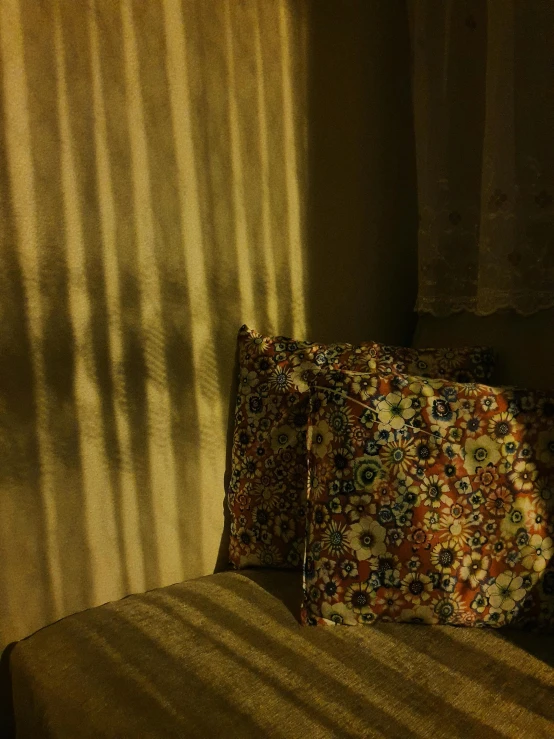 two pillows sit on the bed and casts a shadow on the wall