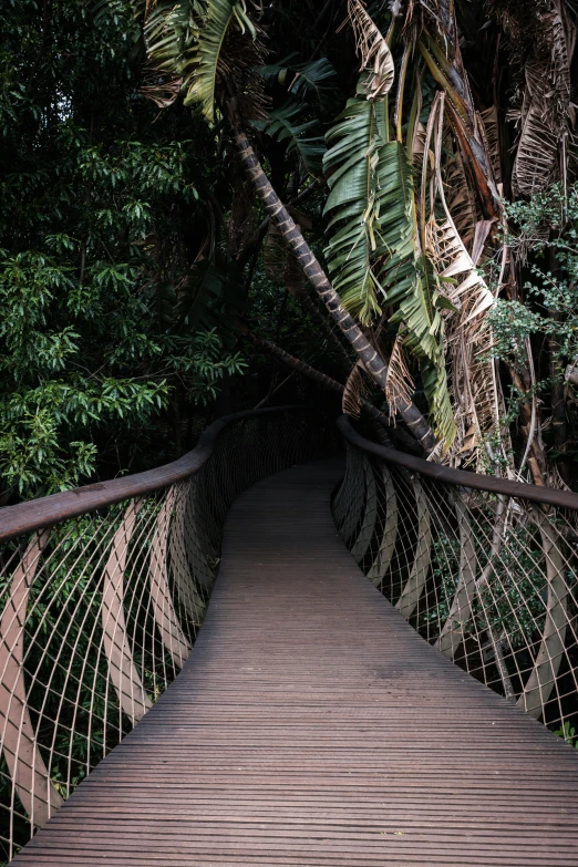 a rope bridge that has wooden boards and metal railings