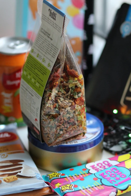 a bag filled with rice sitting on top of a table