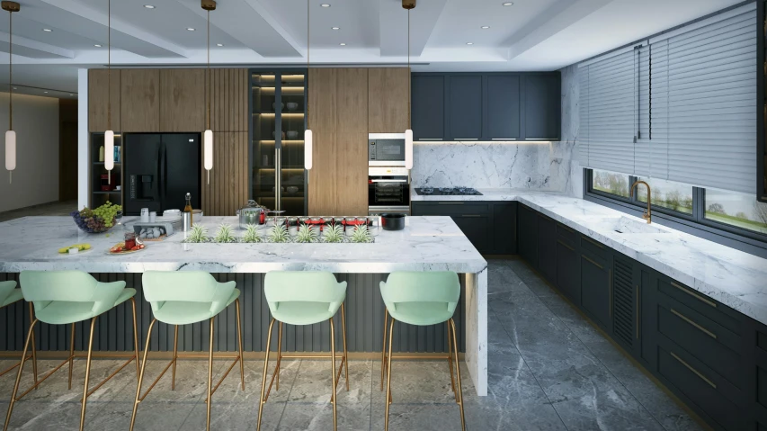 an open kitchen area with many green stools