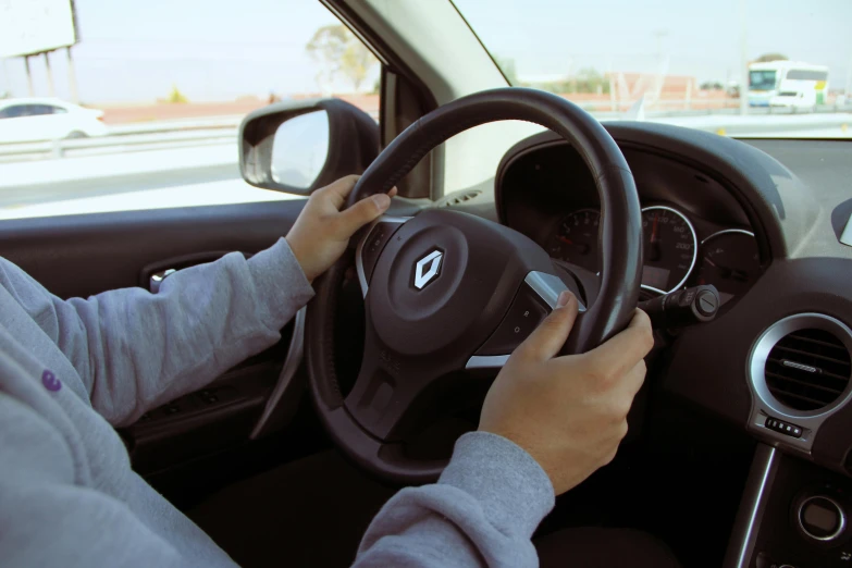 a person holding the steering wheel while driving