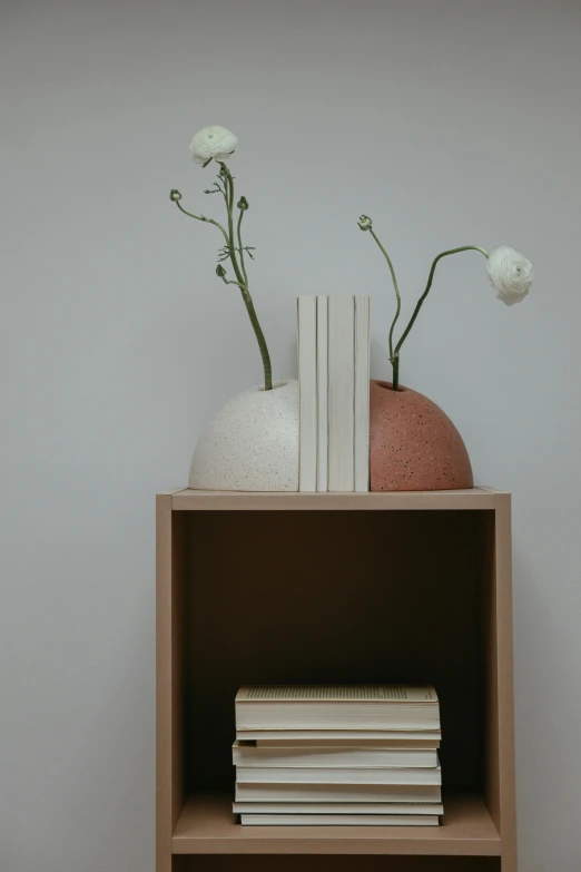 books and vases on a shelf against a white wall