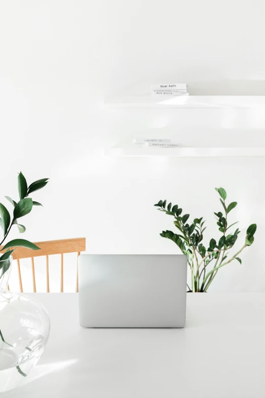 two planters and one laptop sit on the table in front of a white wall