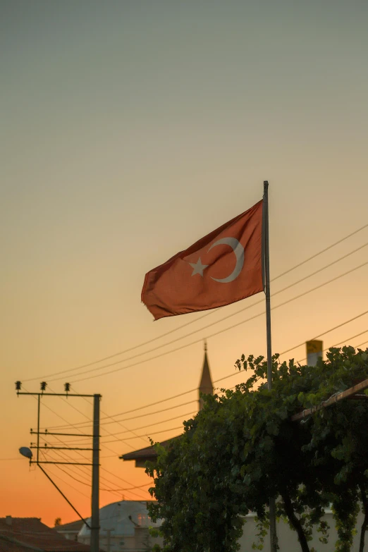 the two flags fly above power lines at dusk