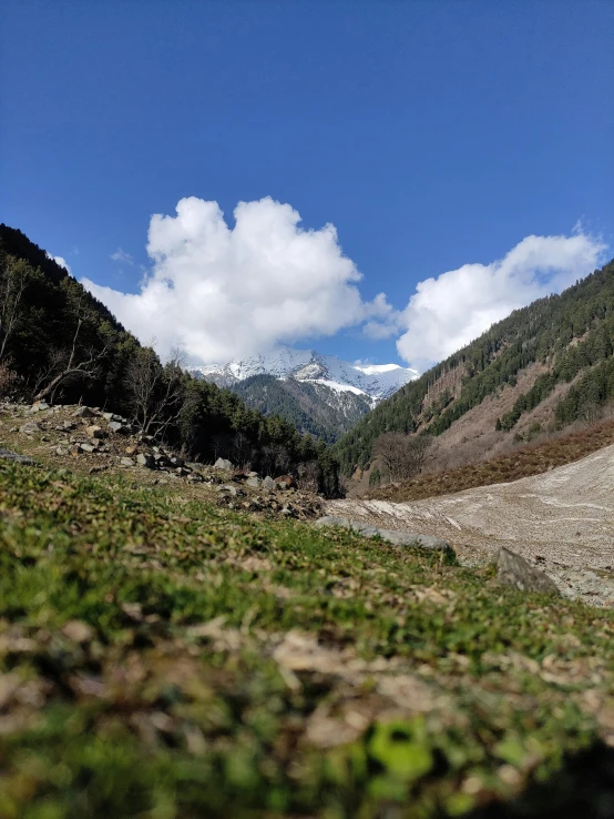 view down the valley at the base of a mountain