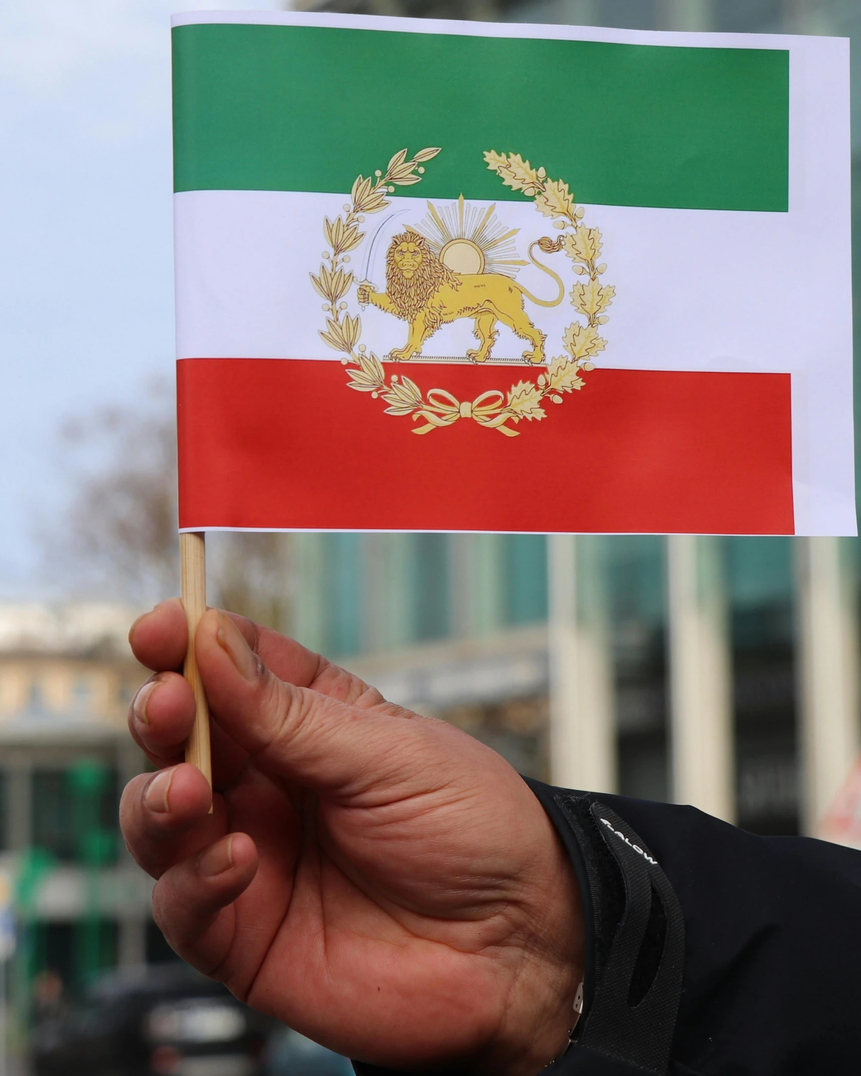 a man holds a tiny flag in his hand