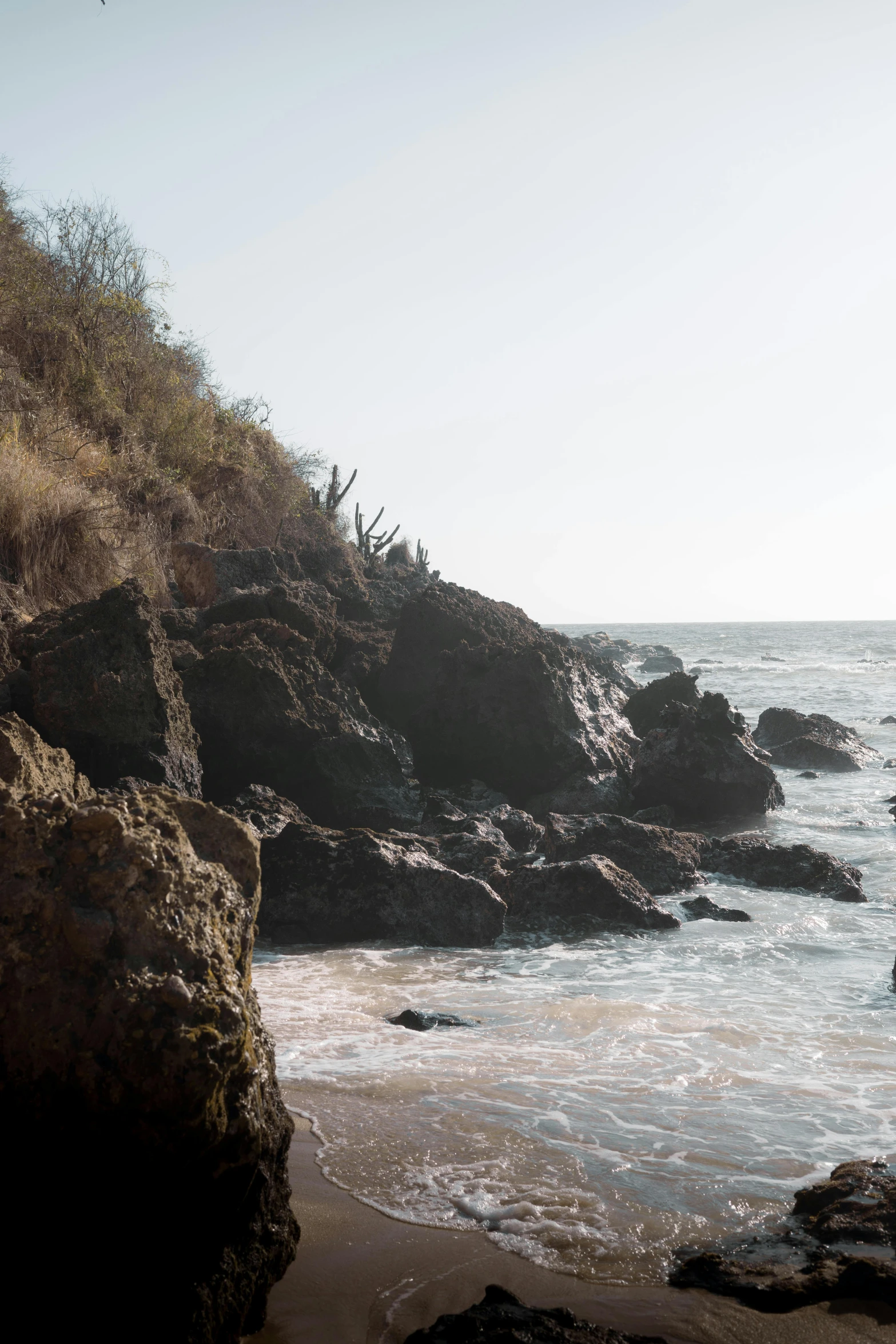 a man walking down a rocky shore near the water