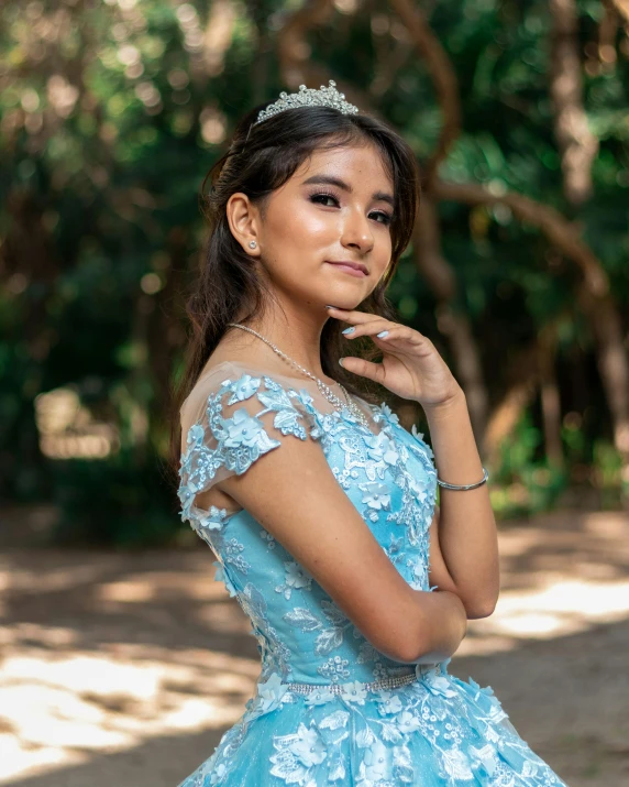 a woman in a blue dress and tiara standing with trees in the background