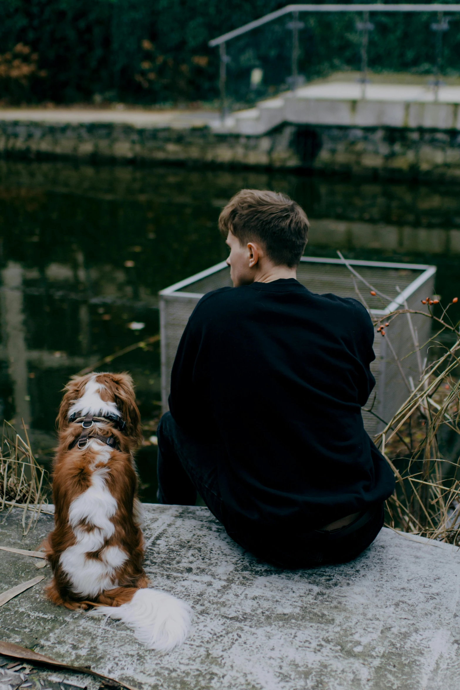 a man that is sitting down with a dog