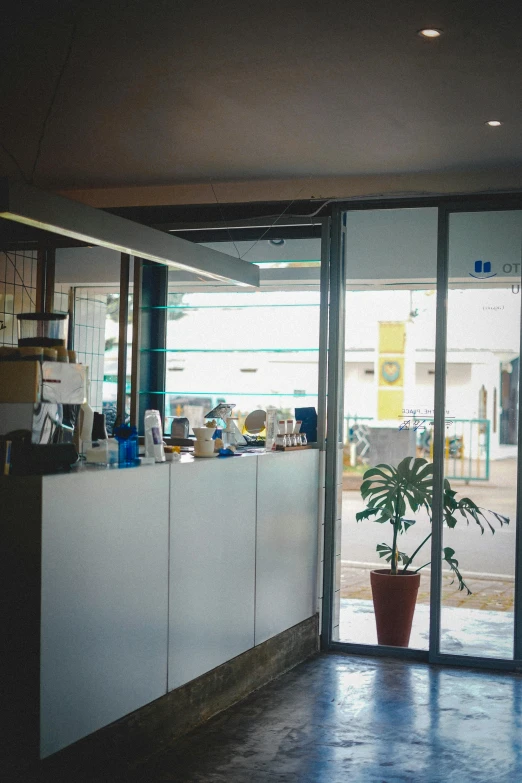 an office with a coffee shop, plant and glass doors