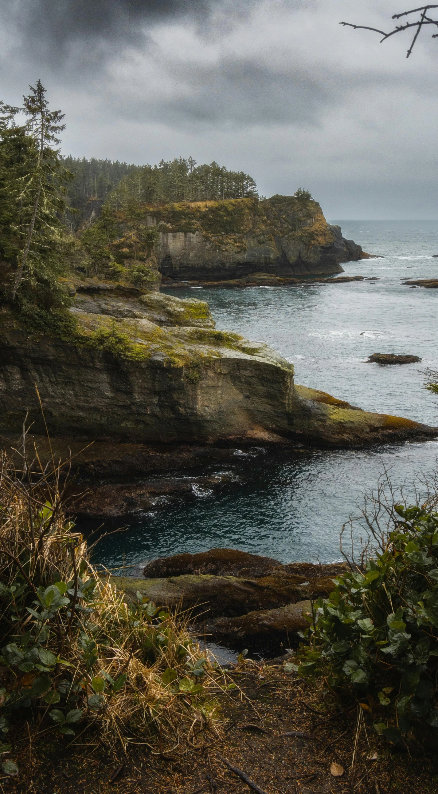 looking down at the water with a rocky shore and some trees near by