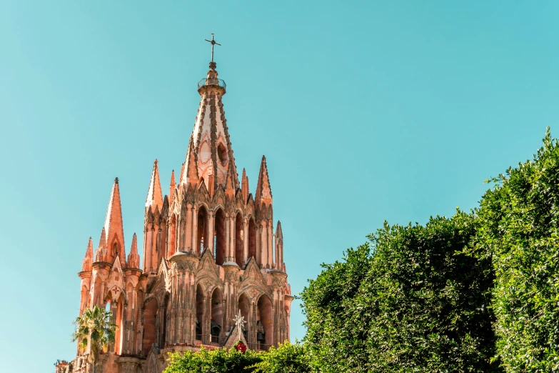 the tower of a church is covered in trees