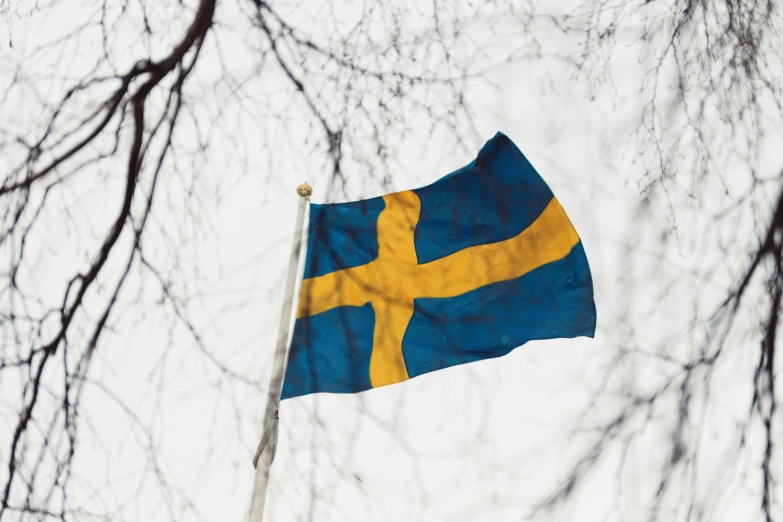 a large swedish flag flying in the sky