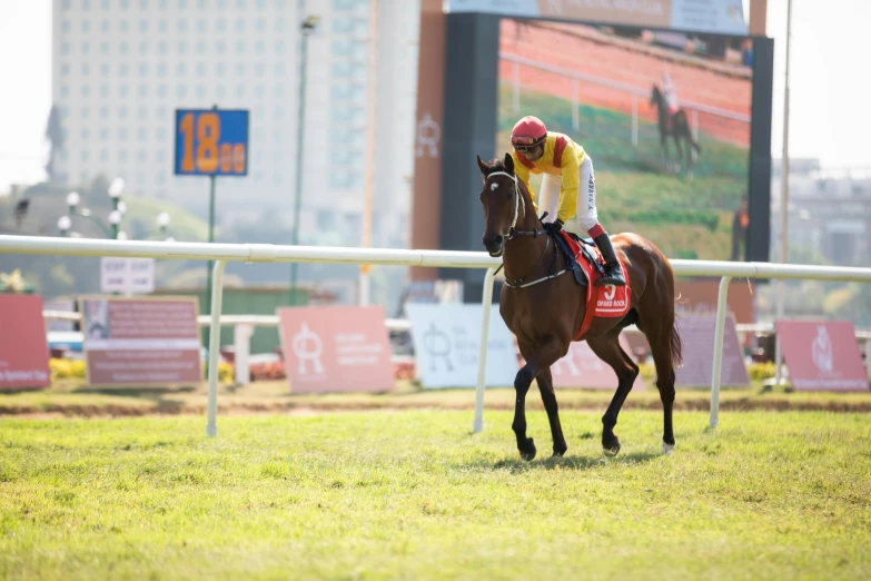 jockey on horse that is running down a race track