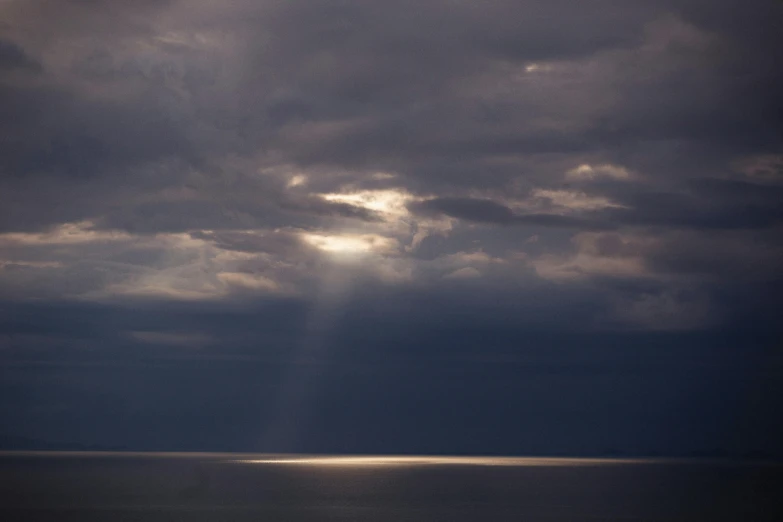 the view from a beach, a bird flying under a dark cloud