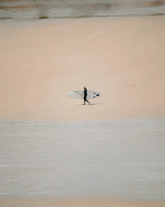 a lone person walking along the beach with his surfboard