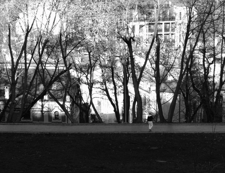 a tall building in front of a tree filled forest