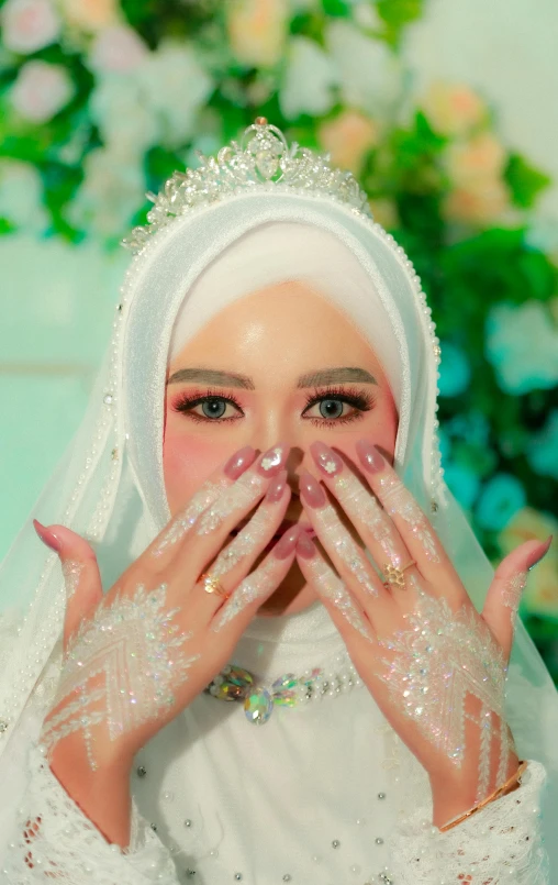 a woman in white is wearing a veil and has her hands to her face