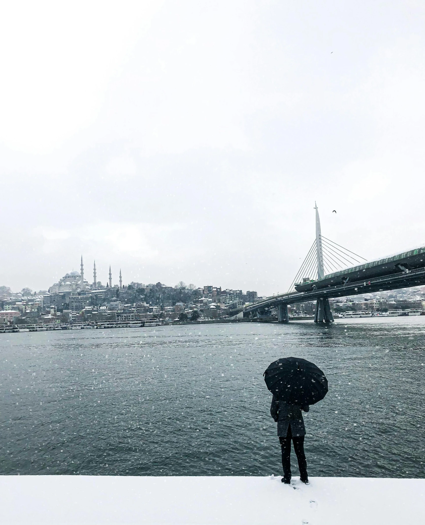 a person is standing in the snow by water with an umbrella