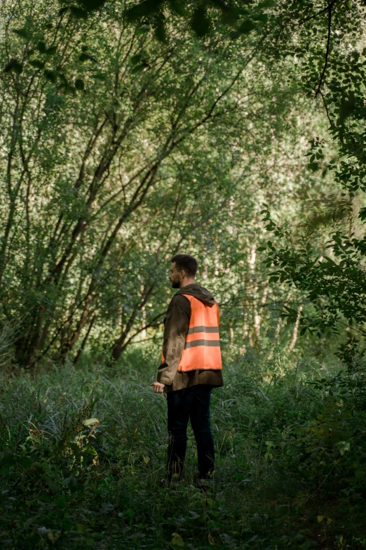 a person in an orange vest is standing in a field