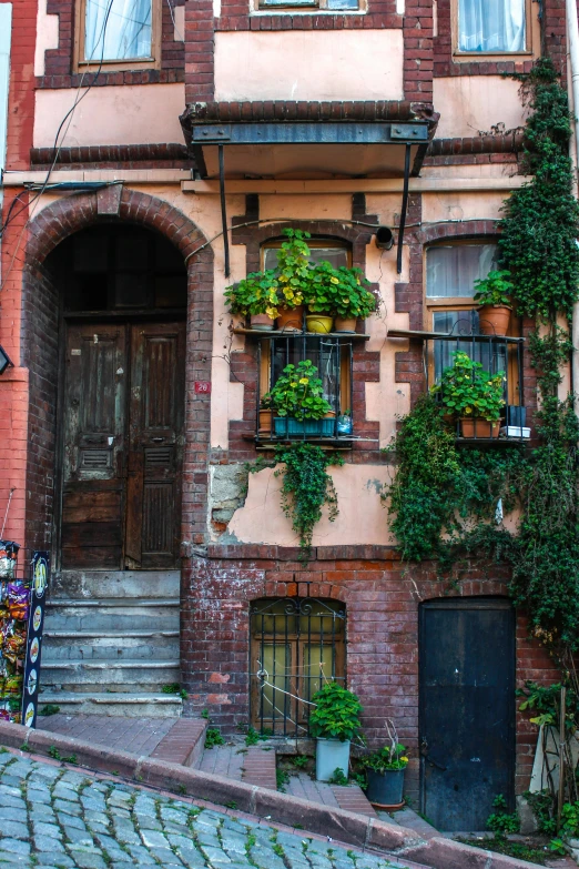 an old building with plant filled windows and doors