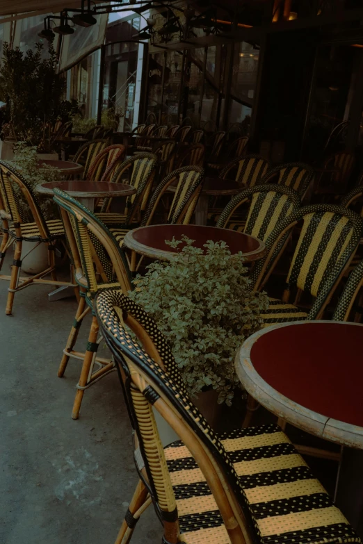 rows of tables and chairs sit outside an open restaurant