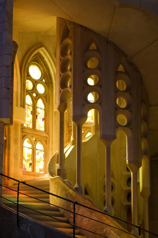 stairs leading to a window at a stone church