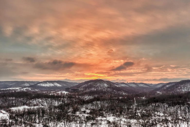 a large tree line covered in snow under a cloudy sky