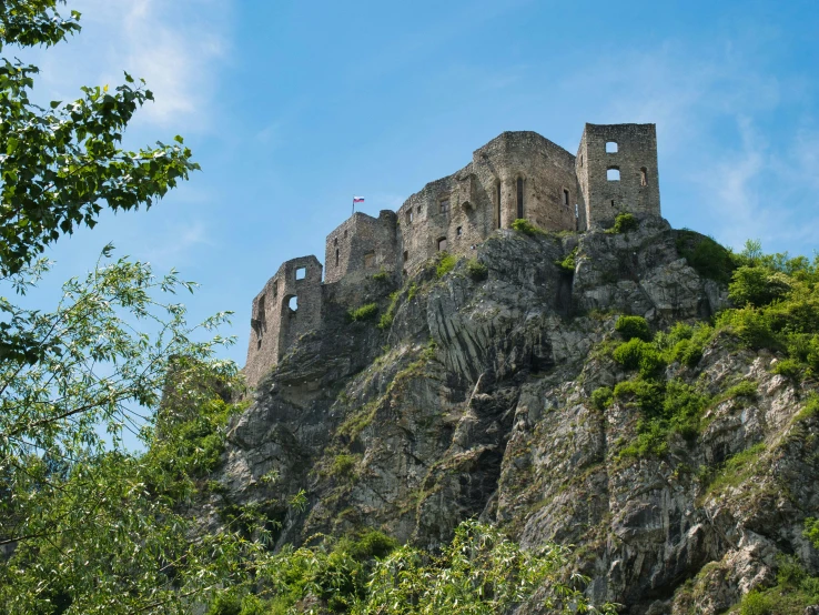 an old castle on a hill in a forest