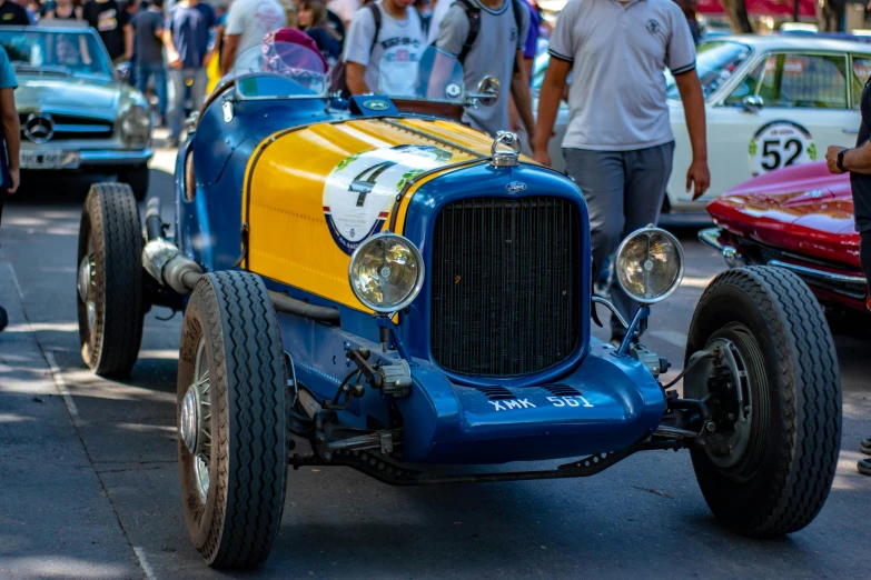 the car is blue and yellow in color