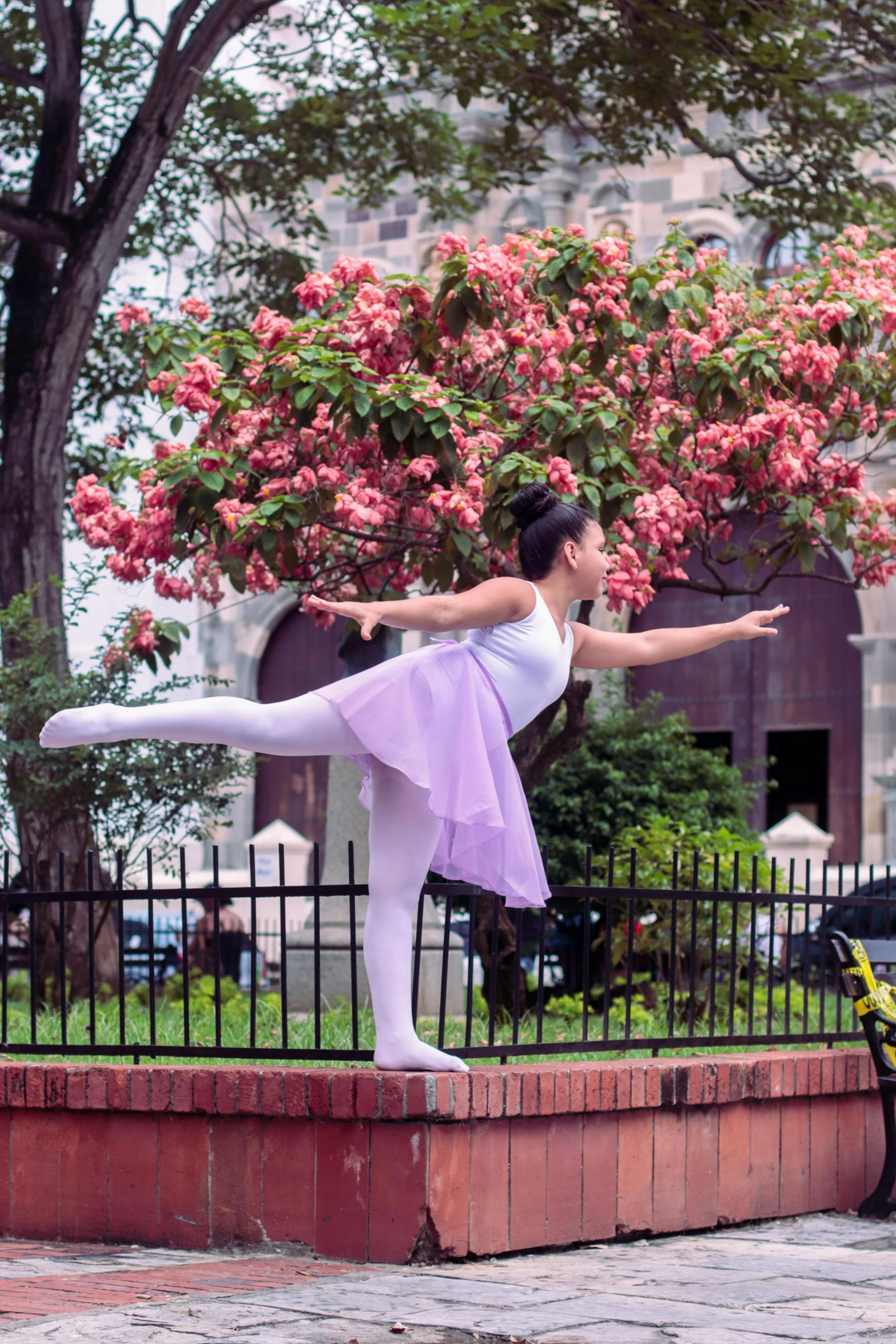 a woman wearing a pink dress is performing a dance pose in front of some trees