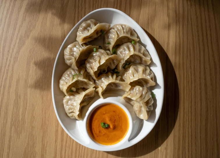 some dumplings on a plate with a little bowl of sauce