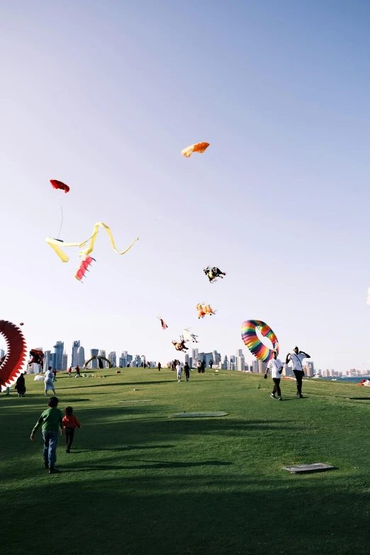 several people flying kites in a large field