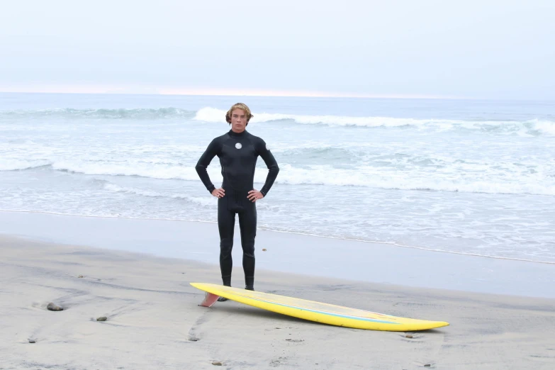 woman in a wetsuit standing with surf board on the beach