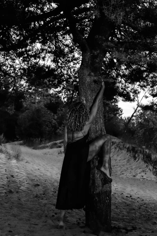 a woman leaning against a tree trying to reach the top