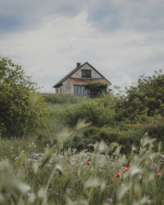 there is a run down house that sits in the middle of a grassy area