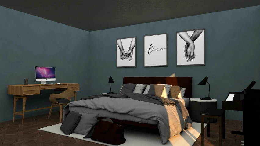 this is an image of a bedroom with bed and desk