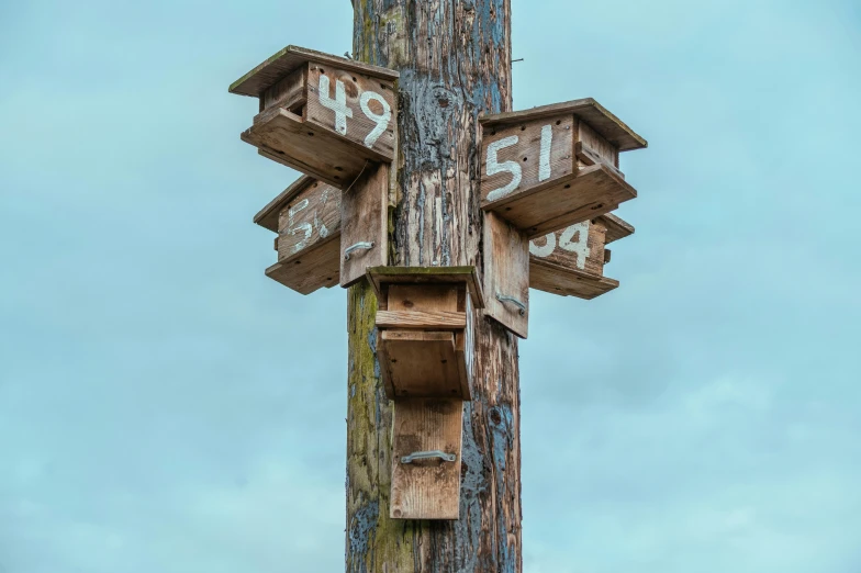 a wooden pole with a clock at the top that is painted white