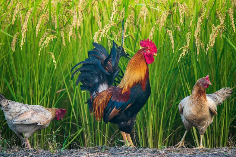 a group of rooster standing on a grass covered ground