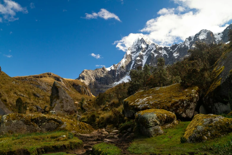 a rocky trail that has grass on each side