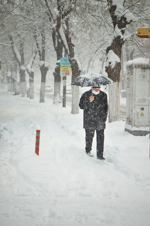 a man with an umbrella walking through the snow