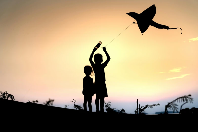 two people holding a kite high in the sky