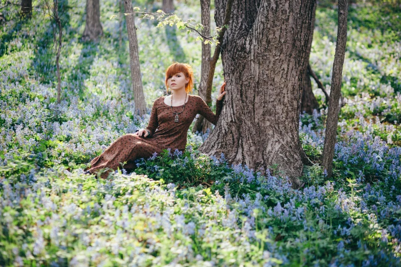 woman sitting in the grass near tree while looking up