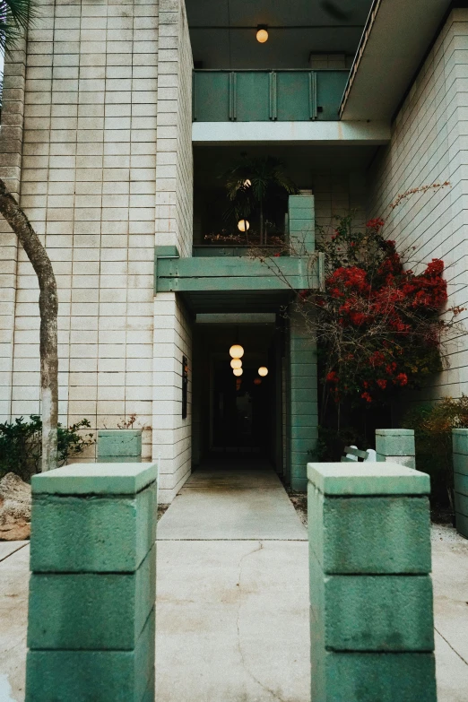 an entrance to the building with potted plants on either side