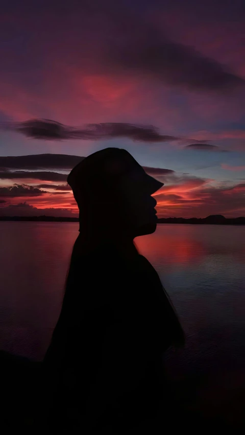 a man standing on top of a beach under a purple and pink sunset